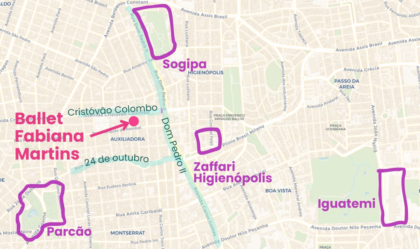 Mapa da localização da escola — próxima ao Parcão, Sogipa e Iguatemi